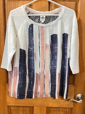 Pleated Vertical Stripe Scoop Neck Top - White, Navy & Blush